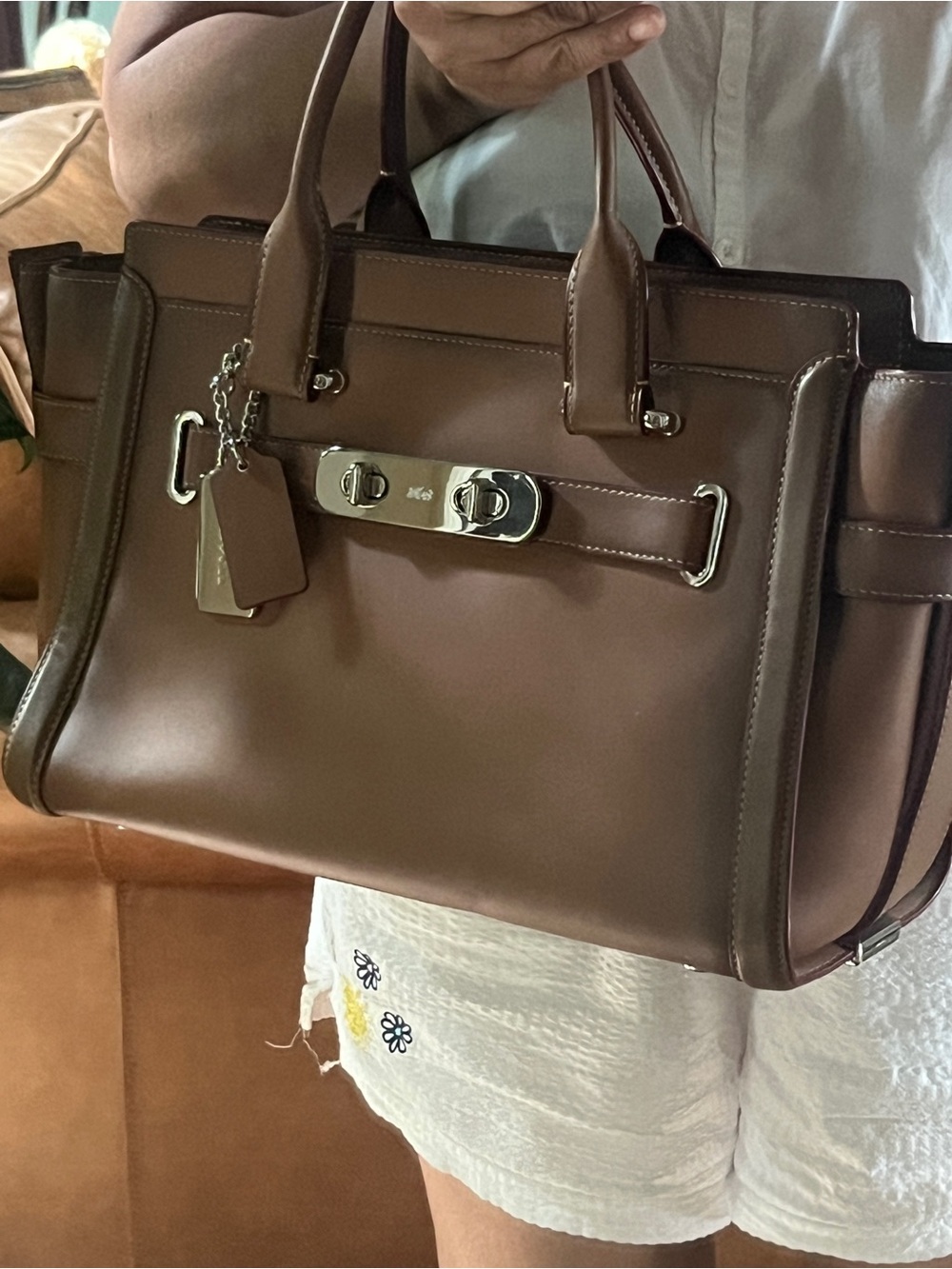 Brown Coach swagger 27 Tan Leather Signature Interior Patch Satchel